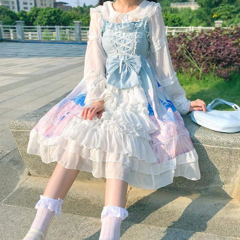 Women's Lolita Lace-up High-waisted Dresses With Bowknot