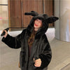 Kawaiifashion Women's Pure Color Velet Winter Coats With Rabbit Ear Hood