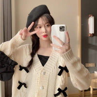 Kobine Women's Korean Style Bowknot Cable Knitted Cardigan
