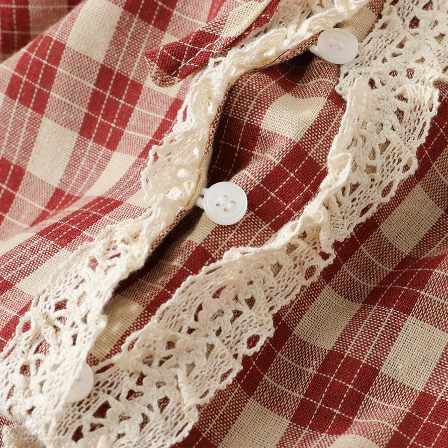 Женская винтажная клетчатая рубашка с кружевным подолом