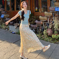 Women's Korean Style Plunging Drawstring T-shirt with Floral Skirt