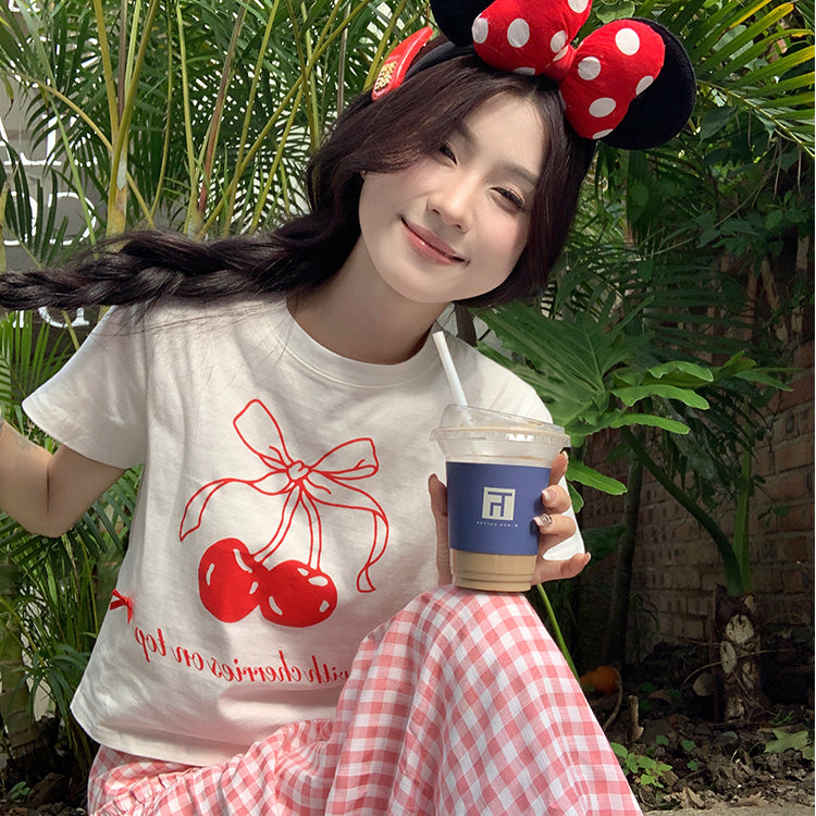 Women's Kawaii Cherry Printed T-shirt with Ruffled Plaid Skirt