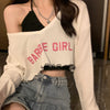 Women's Korean Style Two-piece Plunging Long Sleeved Crop Top