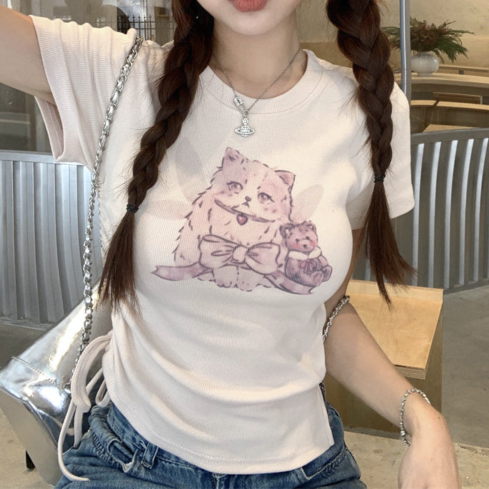 Women's Kawaii Cat Printed Drawstring T-shirt