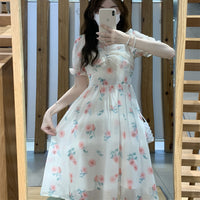 Vestido floral con cuentas y mangas abullonadas estilo coreano para mujer