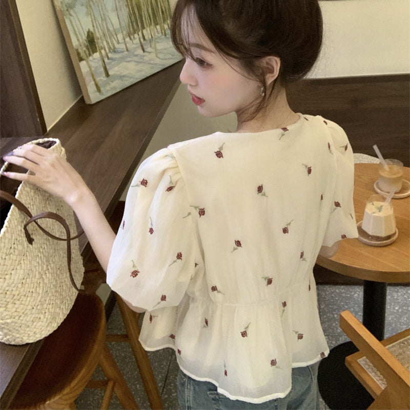 Women's Kawaii Plunging Floral Embroidered Shirt