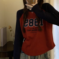 Женская винтажная футболка контрастного цвета с длинными рукавами