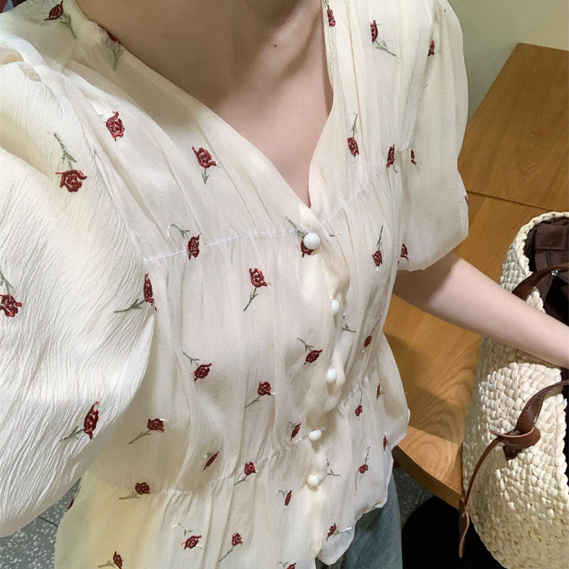 Women's Kawaii Plunging Floral Embroidered Shirt