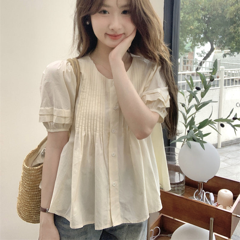Camicia a pieghe con maniche a sbuffo in stile coreano da donna