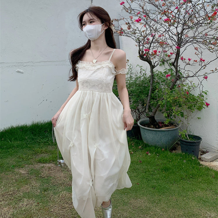 Women's Korean Style Lace Splice Ruffled Slip Dress