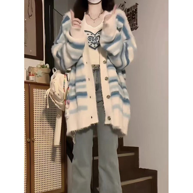 Cardigan lavorato a maglia oversize a righe stile coreano da donna