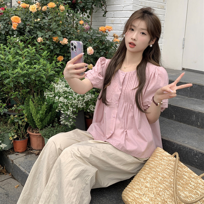 Camisa plisada con mangas abullonadas estilo coreano para mujer
