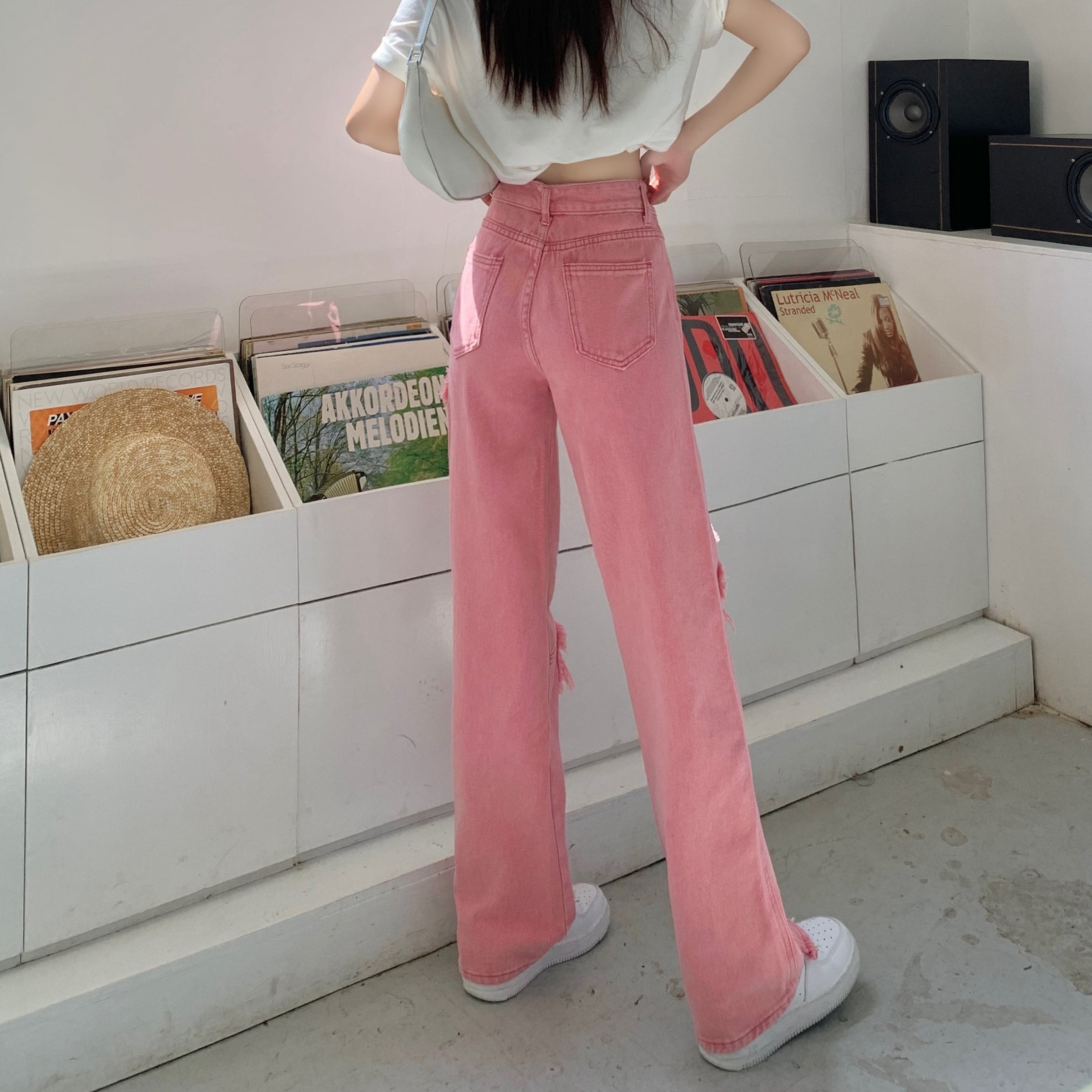 Damen-Jeanshose im Harajuku-Stil mit Herzmuster, unbesäumt