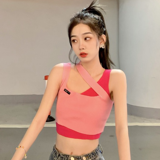 Camiseta sin mangas de punto de color de contraste irregular de estilo coreano para mujer