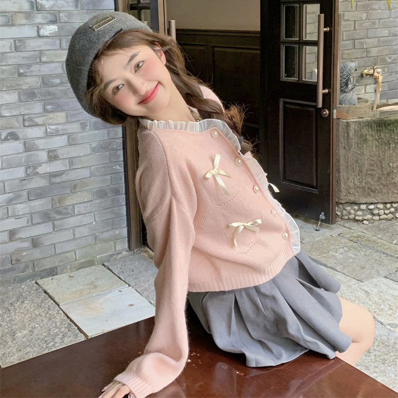 Cardigan tricoté avec ourlet en dentelle et nœud papillon de style coréen pour femmes