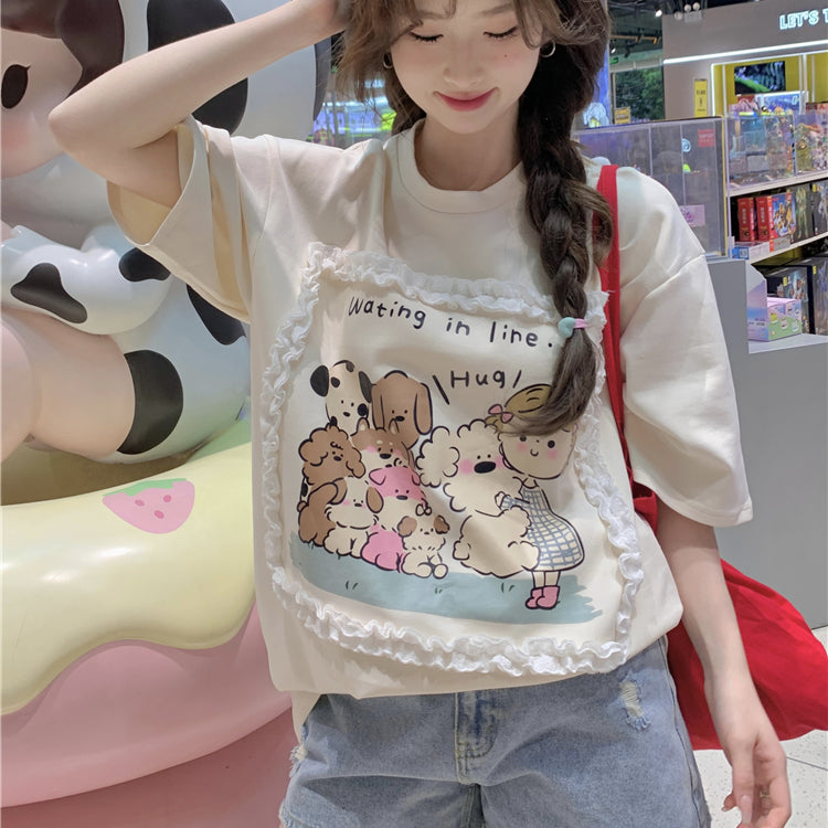 T-shirt con volant stampata con cartoni animati Kawaii da donna
