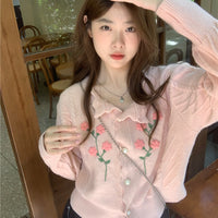 Women's Korean Style Turn-down Collar Flower Knitted Cardigan