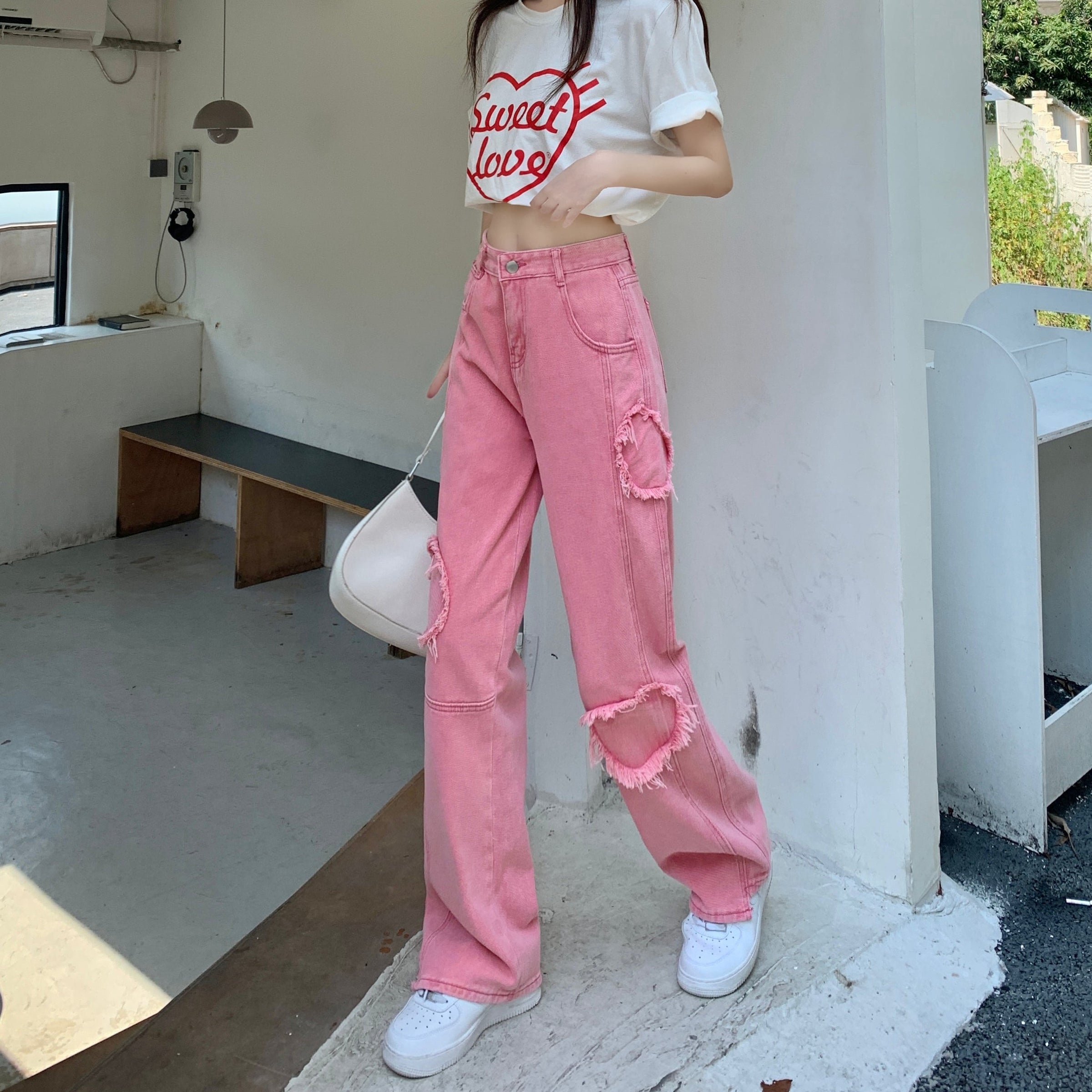 Pantaloni in denim senza bordi a cuore stile Harajuku da donna