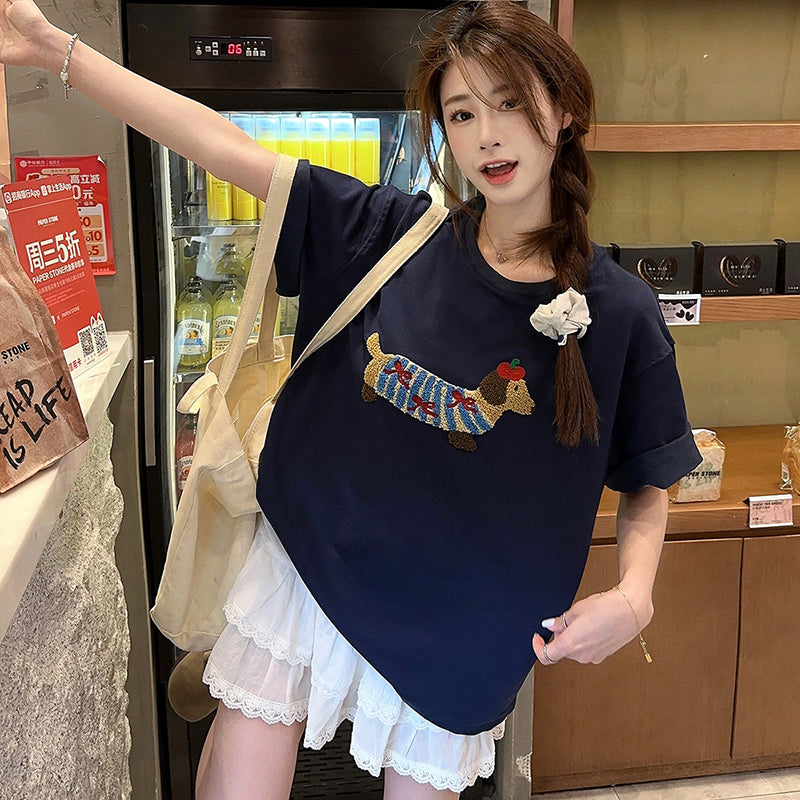 Women's Kawaii Dog Embroidered T-shirt