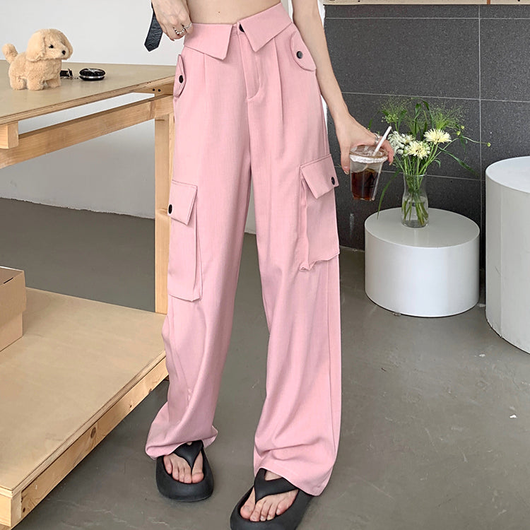 Pantalon à ourlet retroussé à grande poche de style coréen pour femme