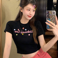 Women's Cute Letter Embroidered Button Crop Top