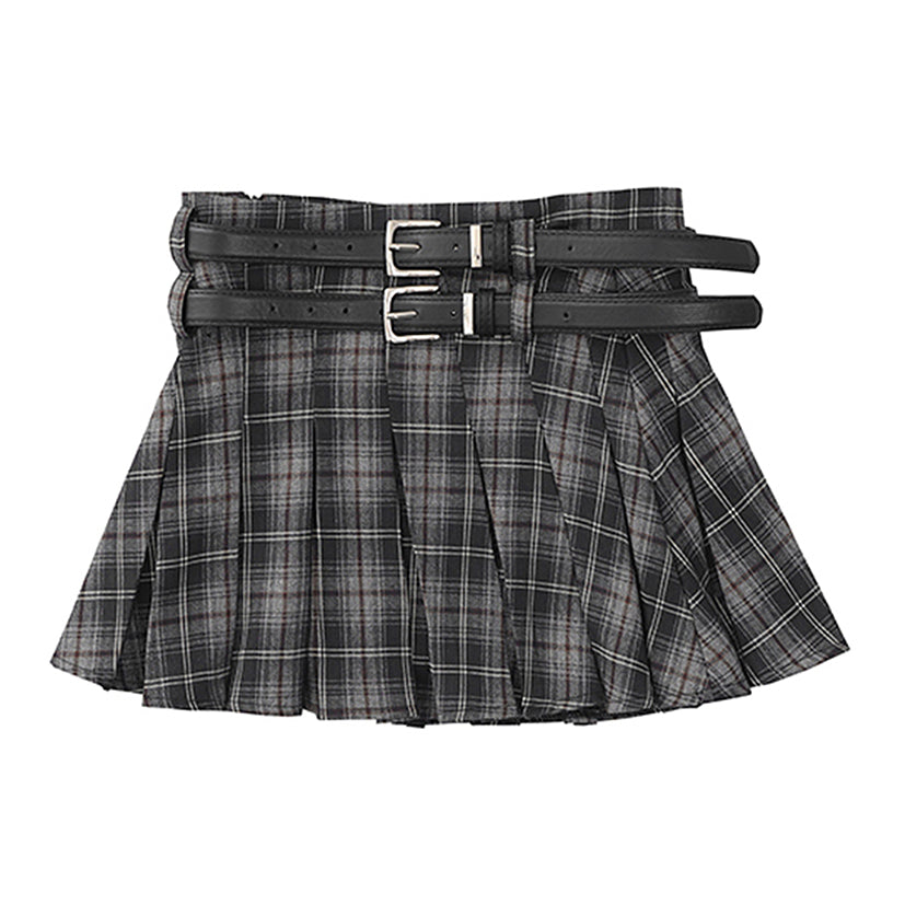 Women's Korean Style Plaid Pleated Skirt with Double Belts