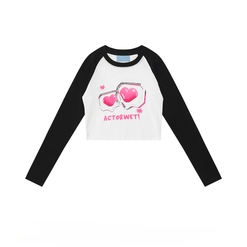 Women's Kawaii Contrast Colar Heart Printed T-shirt