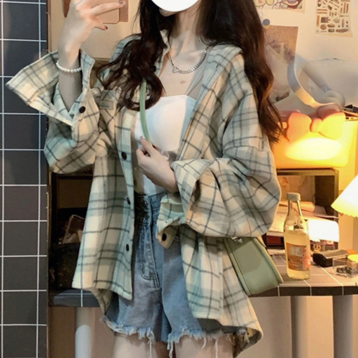 Женская свободная рубашка в клетку в корейском стиле