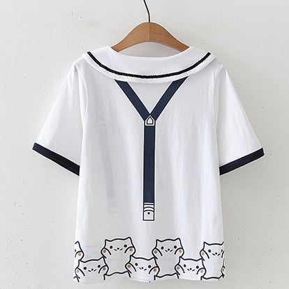 T-shirt imprimé chat couleur poupée style Harajuku pour femme