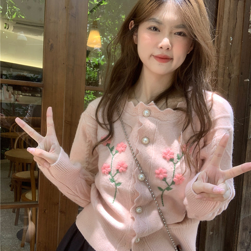 Cardigan lavorato a maglia a fiori con colletto rovesciato in stile coreano da donna