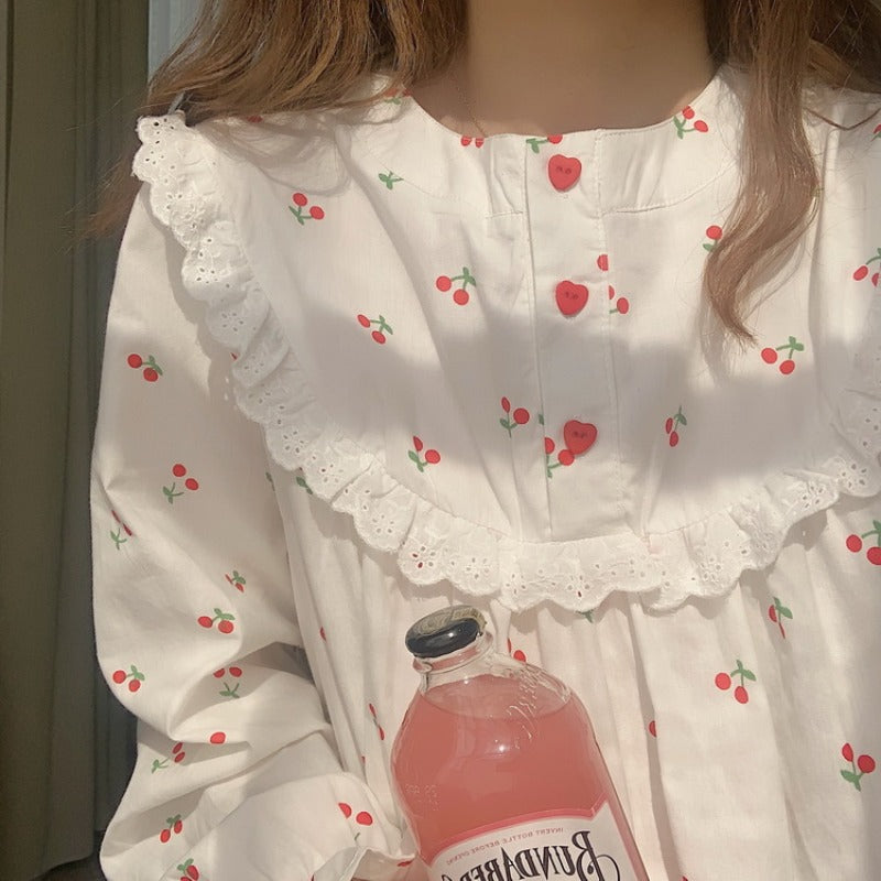 Ensemble pyjama imprimé cerise à col rond de style coréen pour femmes