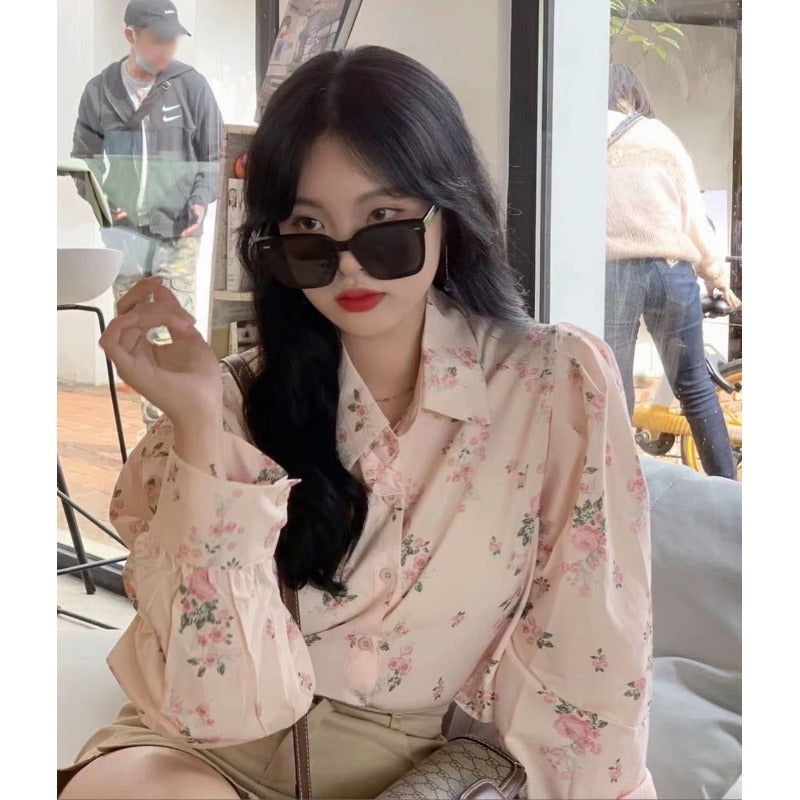 Camicia da donna con maniche a sbuffo stampata floreale in stile coreano