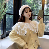 Cardigan lavorato a maglia con colletto a bambola in pizzo stile coreano da donna