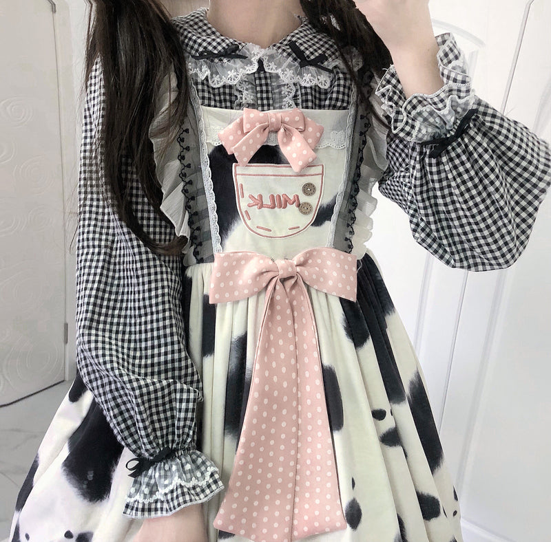 Camicia scozzese da donna Lolita con colletto in pizzo e orlo in pizzo