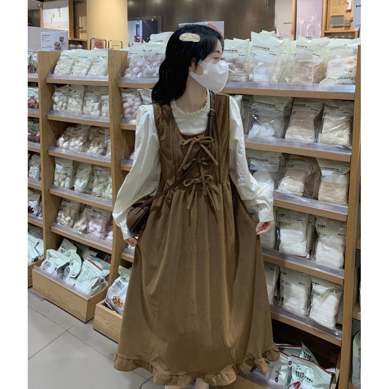 Falda con tirantes de pana con lazo de estilo coreano para mujer