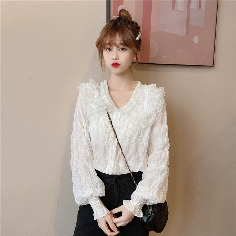 Женская рубашка с рюшами и кружевным воротником в корейском стиле