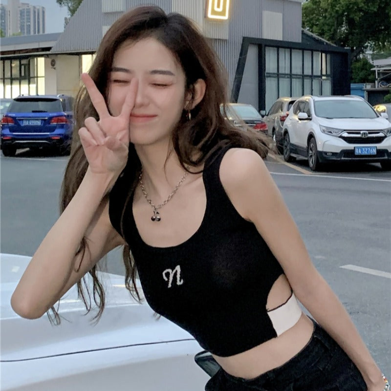 Camiseta sin mangas de punto con recorte de estilo coreano para mujer