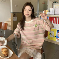 Women's Kawaii Floral Knitted Striped T-shirt