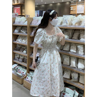 Women's Kawaii Puff Sleeved Floral Ruched Dress