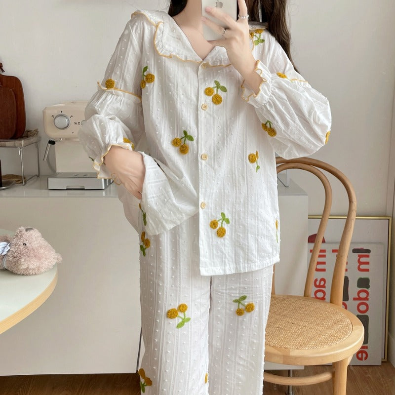Conjunto de pijama con mangas abullonadas y cerezas Kawaii para mujer