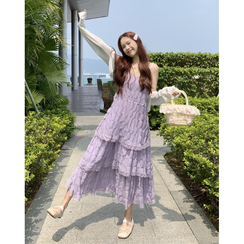 Women's Korean Style Plunging Lace Hem Slip Dress