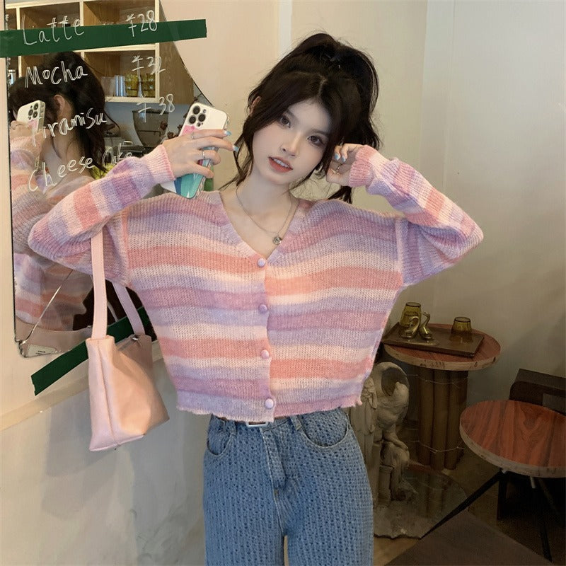 Cardigan court tricoté à rayures de style coréen pour femmes