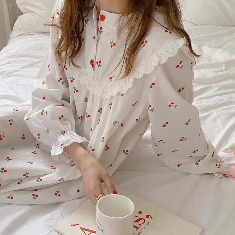 Conjunto de pijama con estampado de cerezas y cuello redondo de estilo coreano para mujer