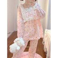 Damen-Pyjama-Set mit Kawaii-Schlagärmeln, pfirsichfarbenem Aufdruck
