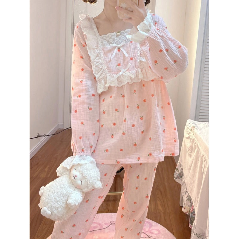 Женский пижамный комплект Kawaii с расклешенными рукавами и персиковым принтом