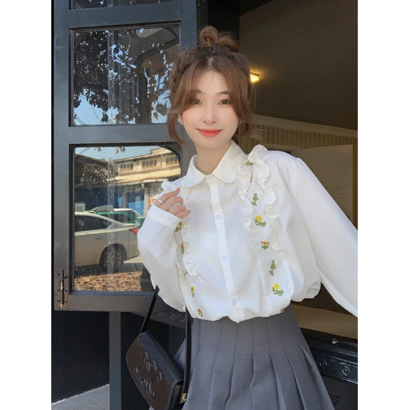Camicia da donna con volant ricamata a fiori in stile coreano