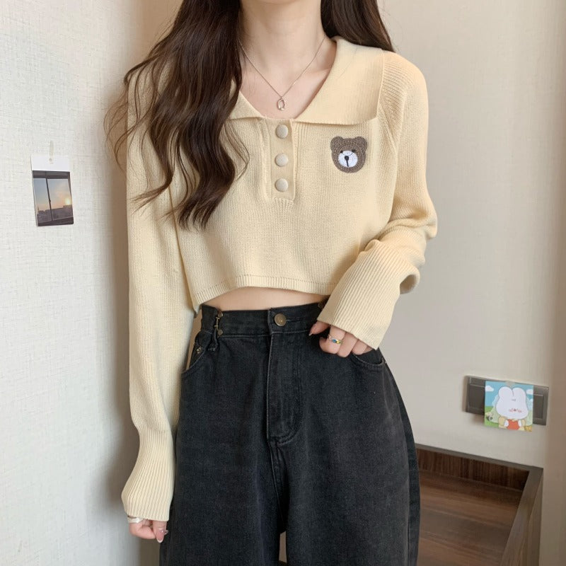Women's Korean Style Bear Embroidered Long Sleeved Knitted Crop Top