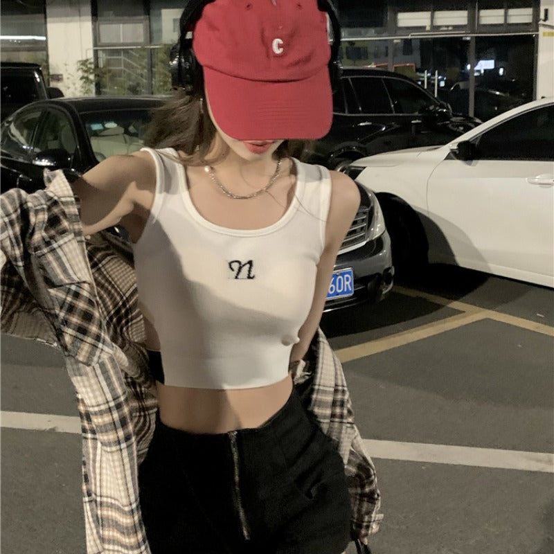 Camiseta sin mangas de punto con recorte de estilo coreano para mujer