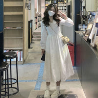Vestido largo con dobladillo de encaje y manga larga estilo coreano para mujer