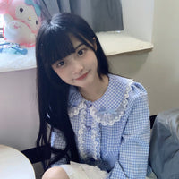 Women's Lolita Doll Collar Lace Hem Plaid Shirt